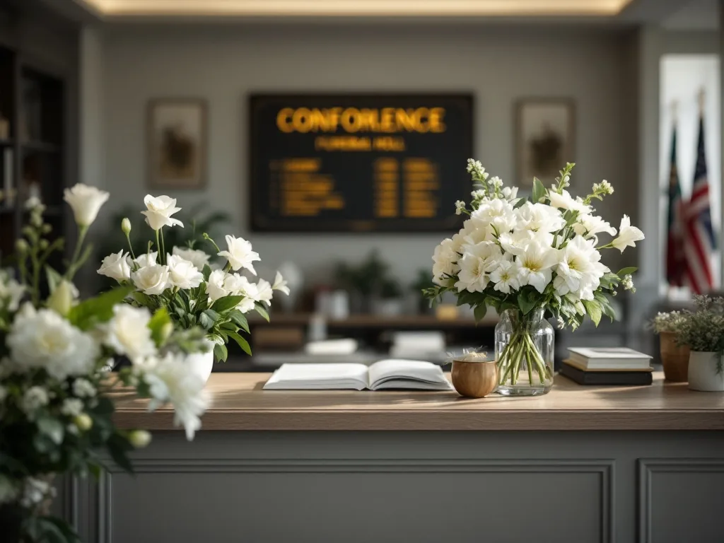 quiet funeral hall information desk with white flowers and municipal condolence atmosphere, respectful editorial image, no identifiable mourners