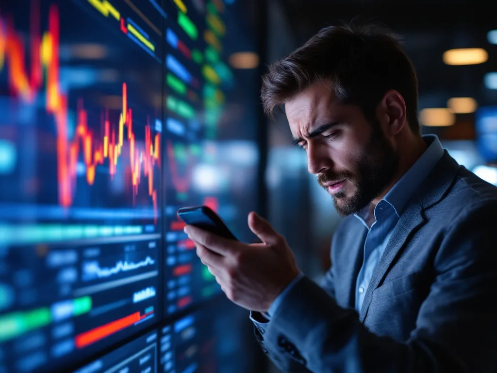 retail investor looking at phone beside blurred stock exchange screen, worried but neutral editorial scene, no logos, no text