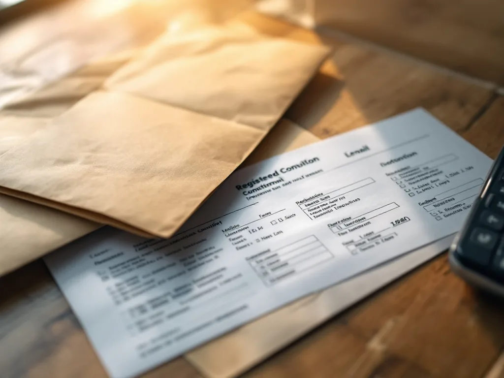 returned registered mail envelope beside delivery tracking printout and legal consultation notes, realistic editorial photo no text