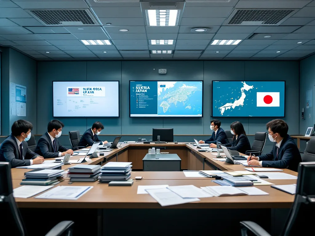 South Korea United States Japan security coordination desk with documents and map screens, calm newsroom style, no flags as main subject, no readable text