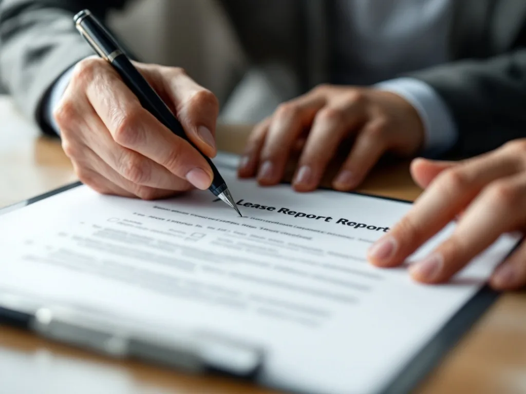 tenant and landlord checking lease report checklist with official documents and pen, realistic editorial photo no text