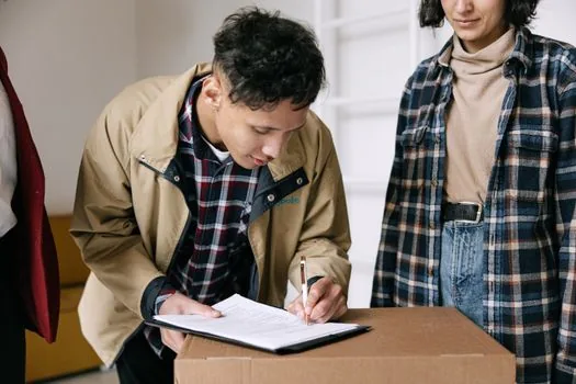 tenant checking moving date calendar and housing deposit return checklist on laptop, apartment boxes in background, realistic Korean editorial photo