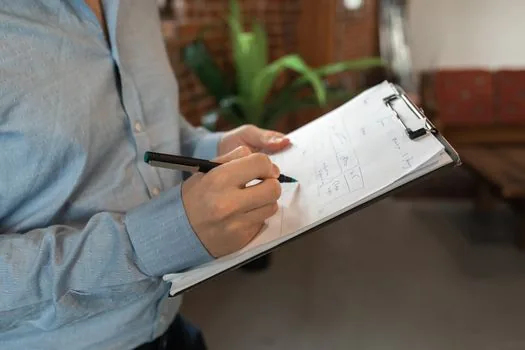civic complaint notes with construction site photo, permit number checklist, and smartphone map, Korean local government office mood