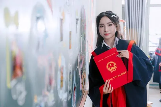 Korean adult checking old graduation year on certificate checklist with phone authentication and school folder, realistic editorial photo