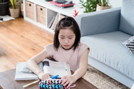 Korean student and parent comparing government certificate request page and school document folder at home desk, realistic editorial photo, no logos